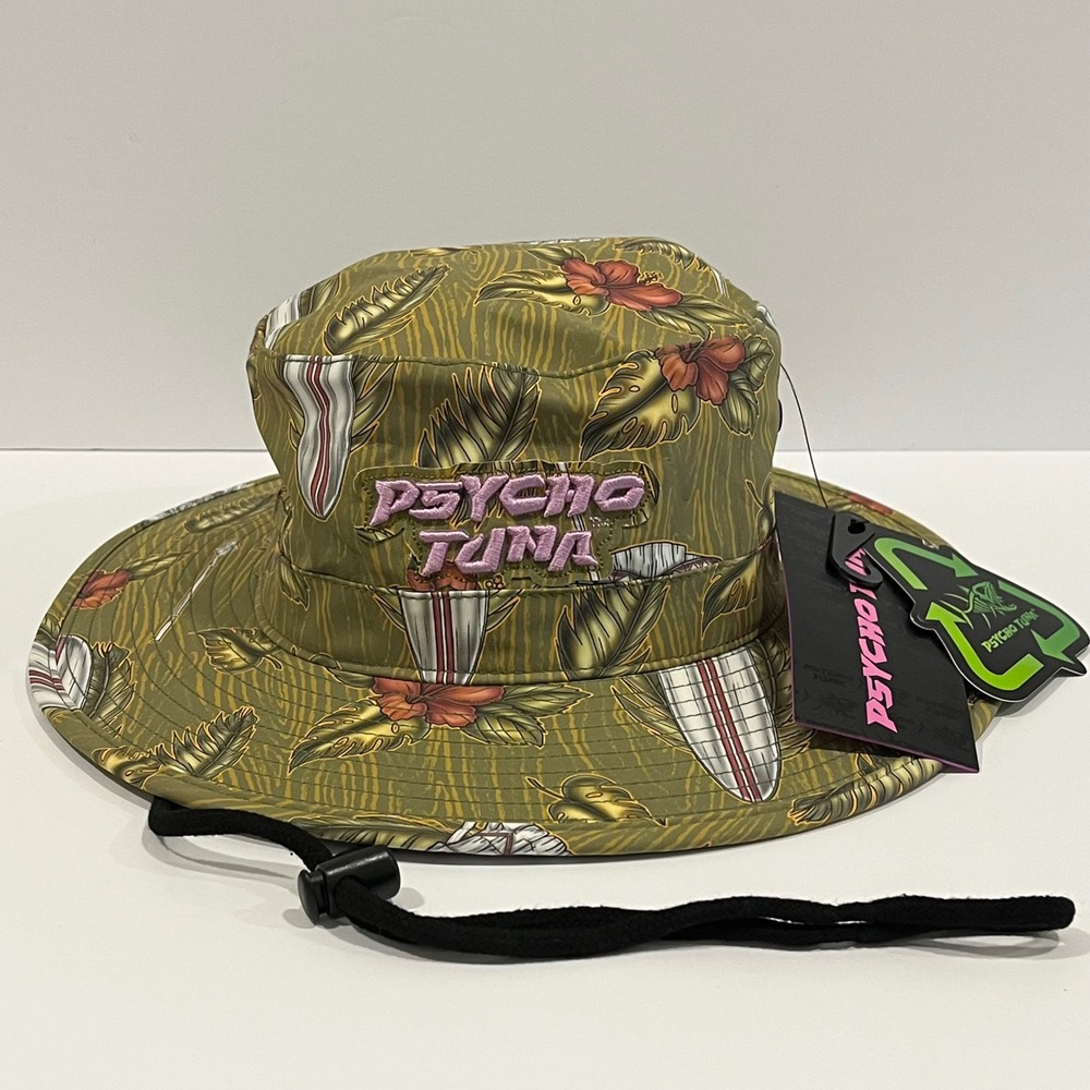 Psycho Tuna Maori Boonie Bucket Hat Olive Tropical Tiki Print Recycled
